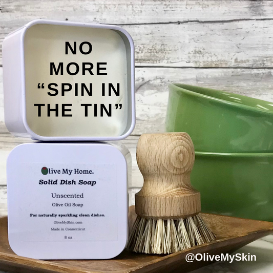 Solid dish soap in square tin