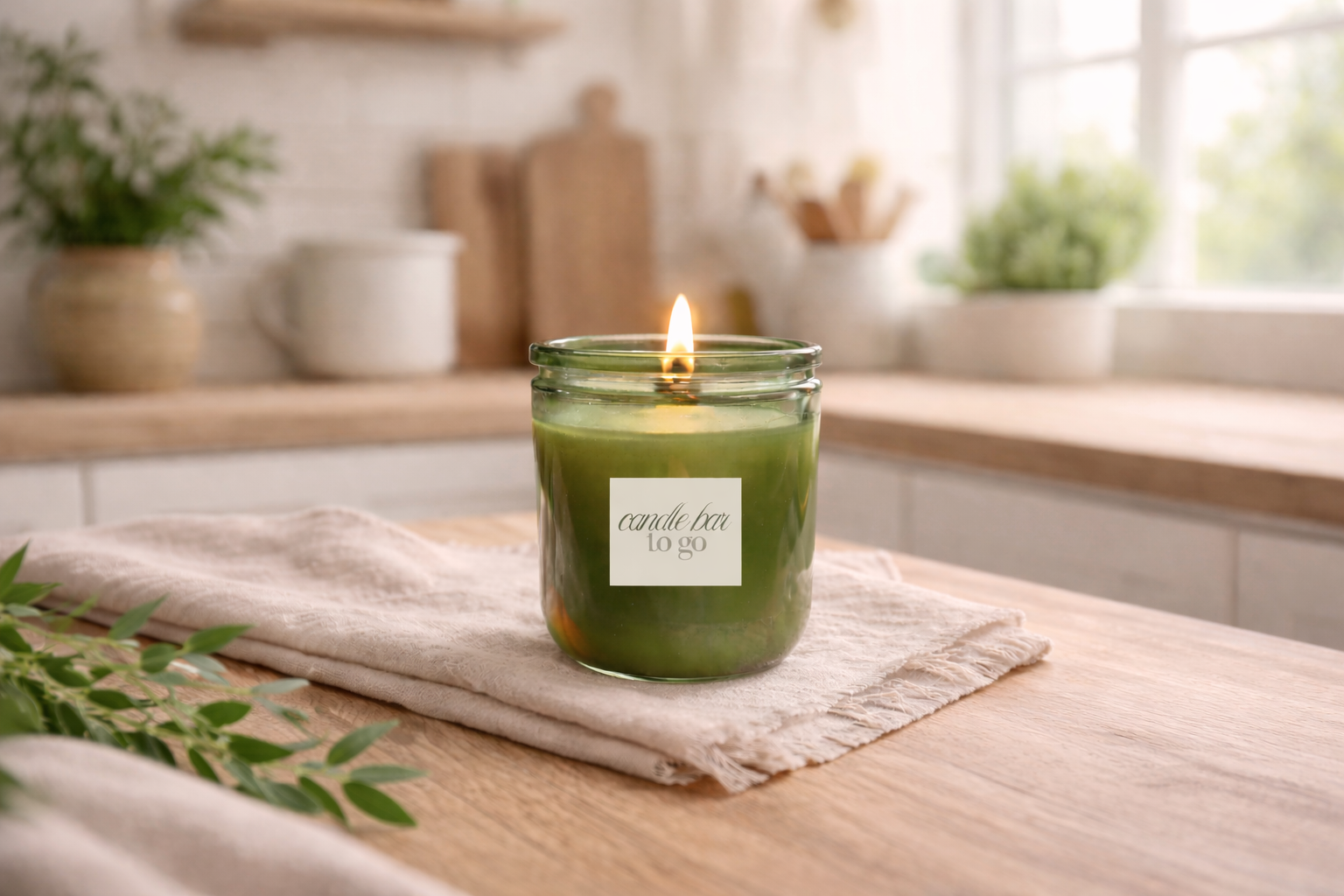 Green candle on a wooden table with a kitchen background